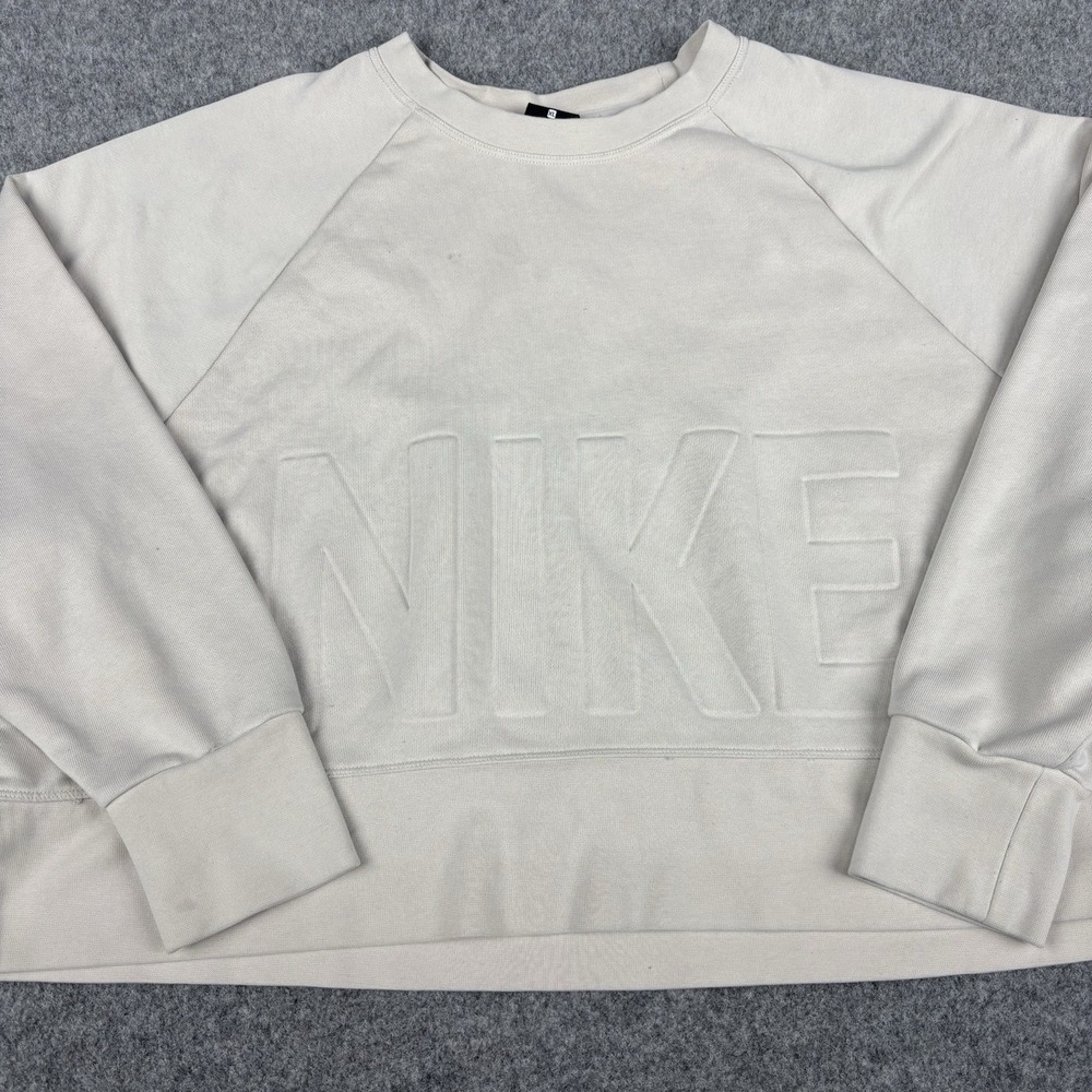 Nike‎ Dri-FIT Sweatshirt Womens XL Beige Embroidered Spell Out Crewneck Cropped